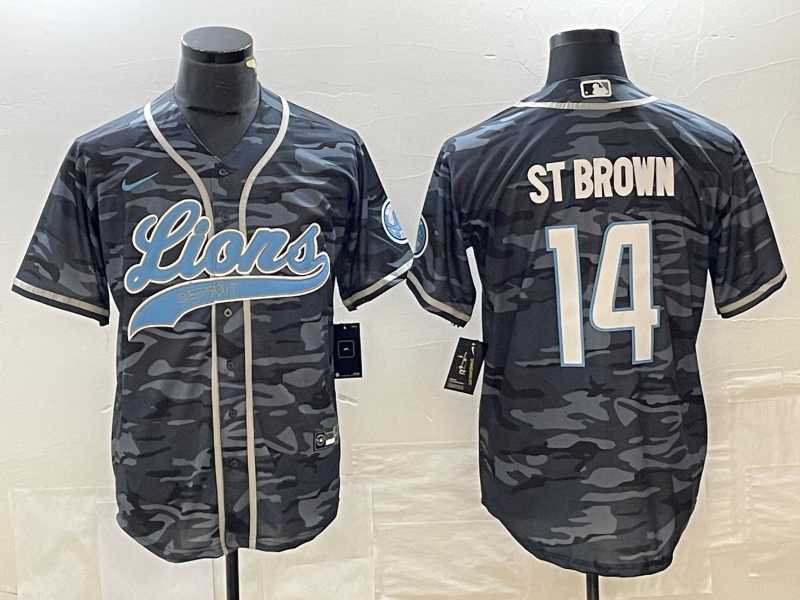 Men's Detroit Lions #14 Amon Ra St Brown Grey Camo With Patch Cool Base Baseball Limited Jersey